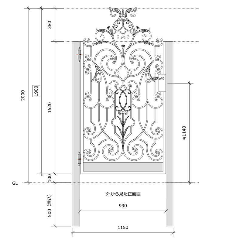 ロートアイアン門扉図面CAD,オーダーメイドデザイン